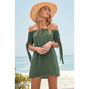Lulus Al Fresco Evenings Olive Green Off-the-shoulder Dress - Size M
